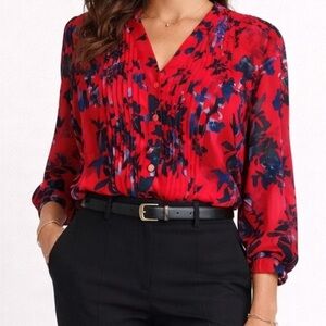 eShakti Floral Button-Up Blouse with Pleated Bodice work office business casual
